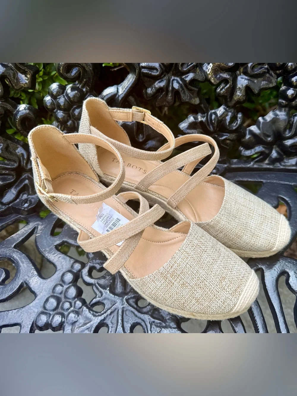 New, Talbots natural linen strappy wedge